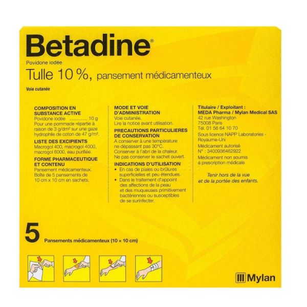 Betadine Tulle 10% Pans Méd 10X10Cm Sach/5X1